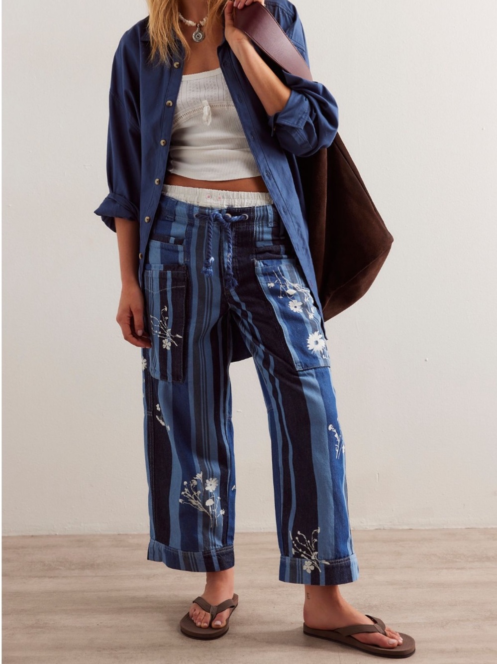 Free People We the Free Cove Striped Printed Pull-On Jeans- Seascape